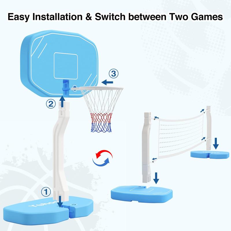 Pool Basketball Hoop & Pool Volleyball Net, 2 in 1 Pool Toys Pool Accessories Pool Games for Inground Pools, Swimming Poolside Basketball Set for Kids Adults