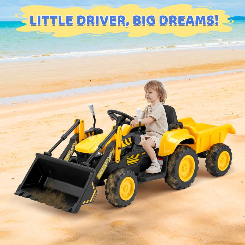 EROMMY Ride on Bulldozer for Kids Boys & Girls, 12V Electric Vehicles with Front Loader Bucket,Cars for kids, Horn, Lights, Music Player, Control car, Safety Belt