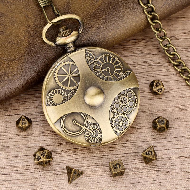 Steampunk DND Dice Set with Bronze Pocket Watch Shell Case, 1 Set Retro DND Dice Set, Dungeons and Dragons Gifts for Role Playing Board Games