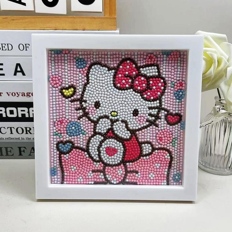 Cartoon Hello Kitty Pattern DIY Diamond Art Painting Kit with Frame, 5D Diamond Art Painting Kit, DIY Wall Art Decor for Home Living Room Bedroom, Christmas Gift