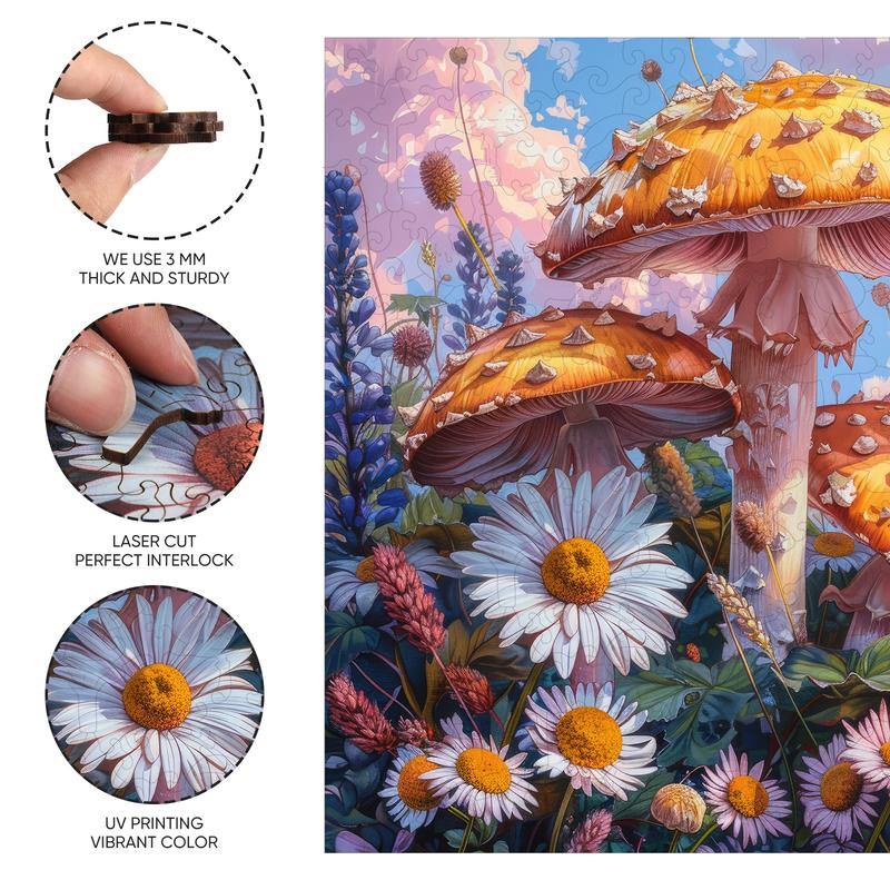 Mys Aurora Mushroom Flowers Wooden Puzzle 200 Pieces - Unique Shape, Hand-Painted Art, Ideal Family Game for Kids and Adults - 7.8 x 12.6 Inch