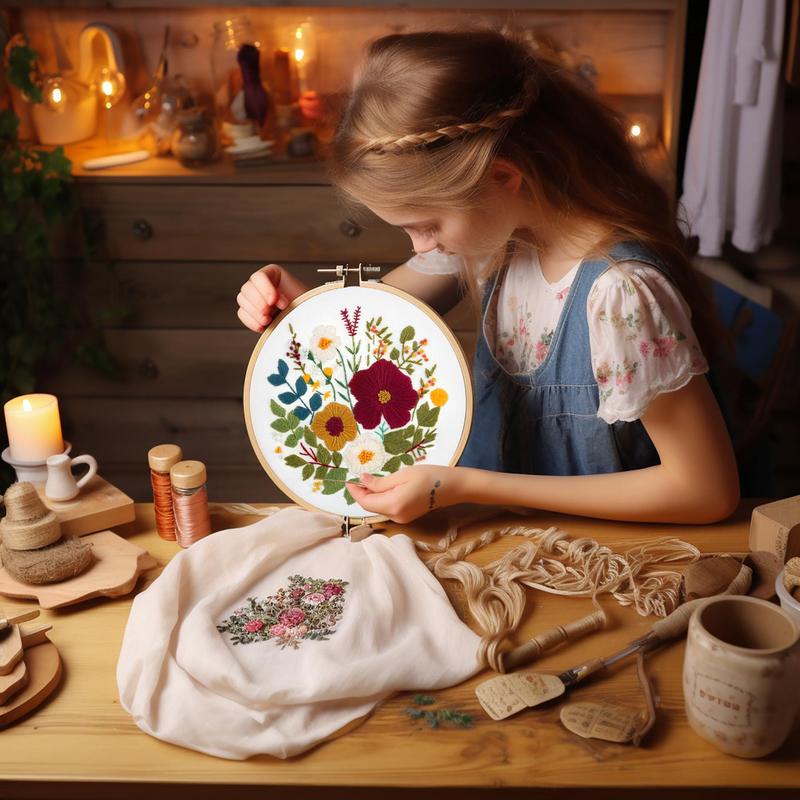 Floral Pattern DIY Embroidery Kit, 1 Set Embroidery Materials Tools, Starter Kit for Beginner, Delicate Art Craft Gift for Friends & Family