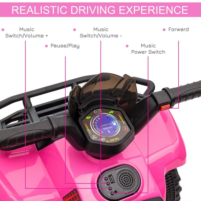 Kids ATV Four Wheeler  Ride on Car, Motorized Quad, 6V Battery Powered Electric Quad with Songs for 18-36 Months, Pink