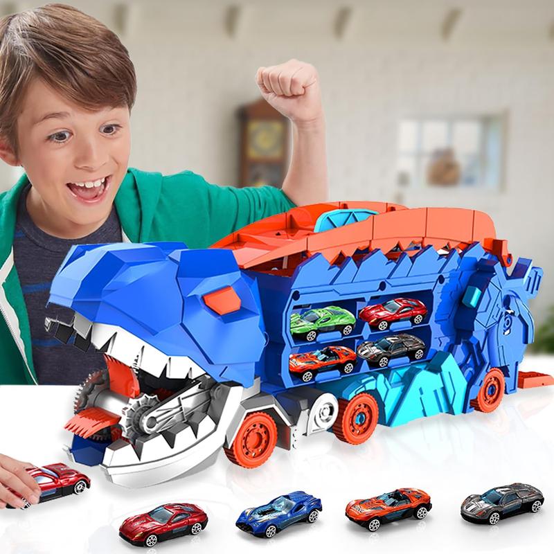 City Dinosaur Ultimate Hauler Track Toy for Boys, Transforms into Stomping Dinosaur with Race Track Ultimate Transporter Hauler Christmas Toys Gifts for Kids Ages 3 4 5 6 Years Old(4 Cars)