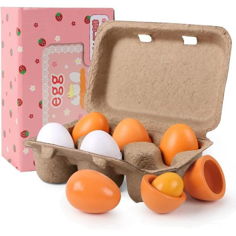 HANSGO 6PCS Toy Eggs, Wooden Play Eggs Play Kitchen Accessories Pretend Play Food Sets for Kids Early Development Learning Birthday Gifts