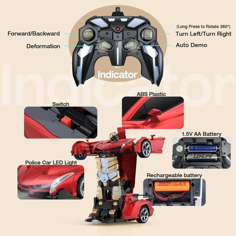 Remote Control Car Toy, 2.4Ghz Transform Robot RC Cars with Flashing Light, 1:18 Scale One Button Deformation Toy Gift Car & 360 Rotating Drifting RC Toy Car for Age 6-12 Years Boy Kids-Red