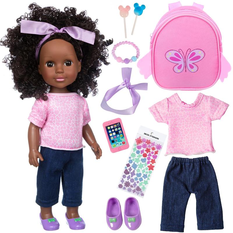 14.5 Inch Baby Girl Doll and Clothes and Accessories Set African Washable Realistic Silicone Girl Dolls