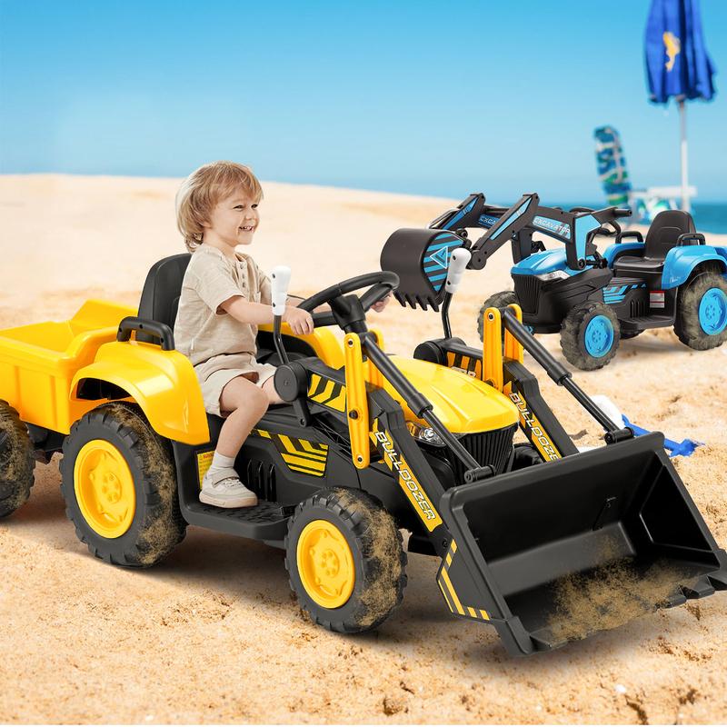 EROMMY Ride on Bulldozer for Kids Boys & Girls, 12V Electric Vehicles with Front Loader Bucket,Cars for kids, Horn, Lights, Music Player, Control car, Safety Belt