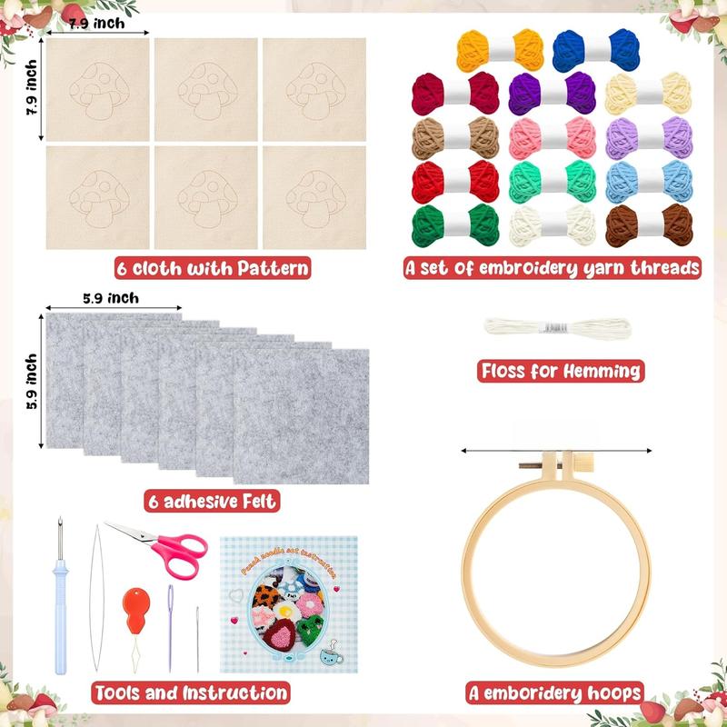 Mushroom Punch Needle Coaster Kit - 22 count Easy Art Work Decor Coasters Kits for Beginners, DIY Set of 6 Mushroom Pattern Tufted Rug Pads with Adhesive Felt Yarns Embroidery Hoop Instruction