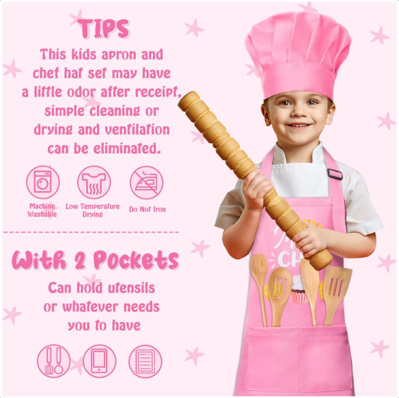 Kid Apron and Chef Hat Set 2Pcs Adjustable Children Light Pink Kitchen Apron, Dress up Role Play Chef Toy Cooking Baking Painting and Training Kits Kid Funny Cooking Birthday Gift for Kids