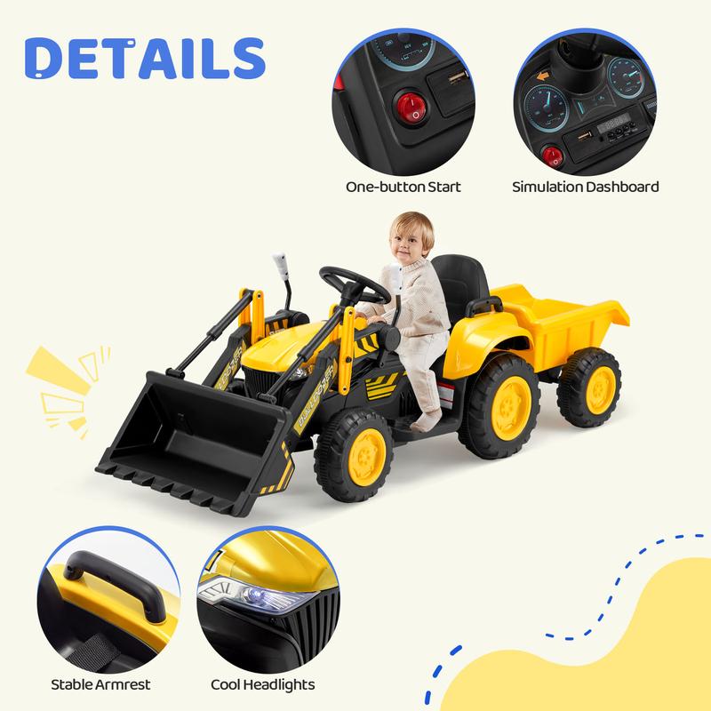 EROMMY Ride on Bulldozer for Kids Boys & Girls, 12V Electric Vehicles with Front Loader Bucket,Cars for kids, Horn, Lights, Music Player, Control car, Safety Belt