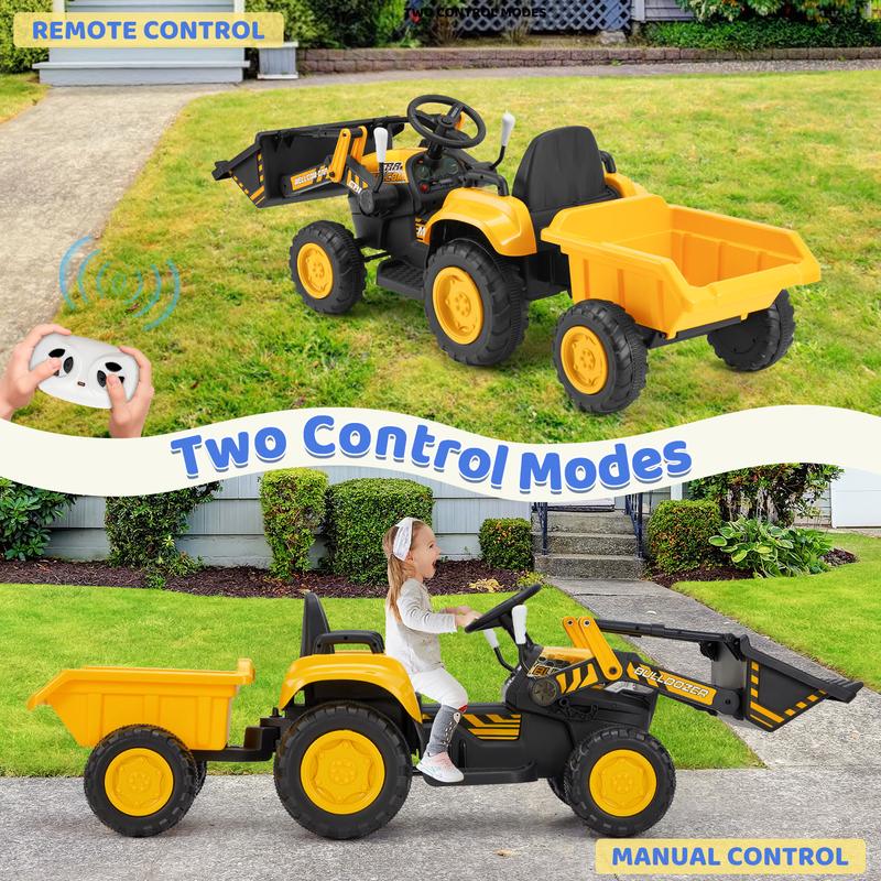 EROMMY Ride on Bulldozer for Kids Boys & Girls, 12V Electric Vehicles with Front Loader Bucket,Cars for kids, Horn, Lights, Music Player, Control car, Safety Belt