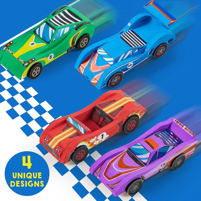 4 DIY Wooden Race Cars-Build & Paint Your Own Wood Craft Kit, 4 Race Cars Toy, Easy to Assemble Arts Crafts Kit, Birthday Party Presents for Kids Boys Ages 6 and Up