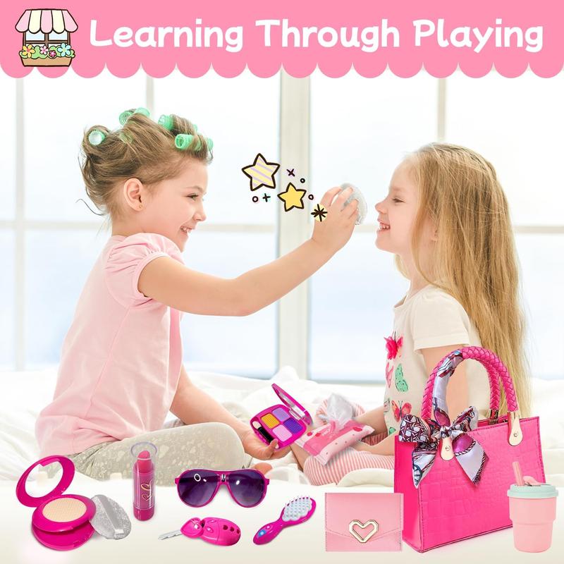 Christmas gift Little Girl Purse with Pretend Makeup for Toddlers, Kids Play Purse Set - Includes Handbag, Pretend Play Headset, Wallet, Phones, Sunglasses, Keys, Credit Cards, Birthday Gift for Girls Age 3+