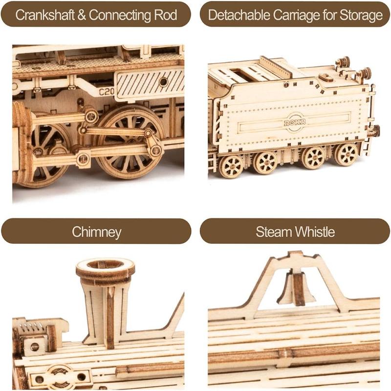 Robotime ROKR 3D Wooden Puzzle for Adults-Mechanical Train Model Kits-Brain Teaser Puzzles-Vehicle Building Kits Scale MC501-Prime Steam Express 3 d