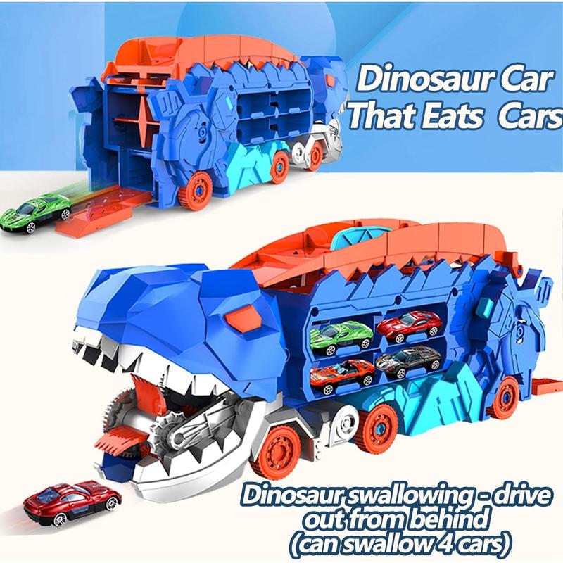 City Dinosaur Ultimate Hauler Track Toy for Boys, Transforms into Stomping Dinosaur with Race Track Ultimate Transporter Hauler Christmas Toys Gifts for Kids Ages 3 4 5 6 Years Old(4 Cars)