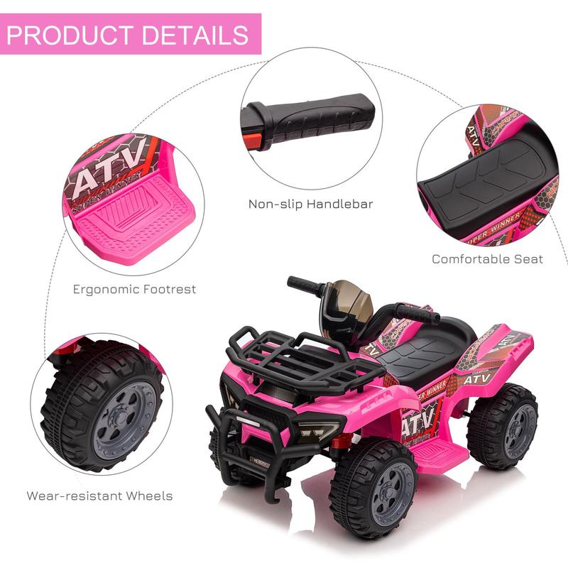 Kids ATV Four Wheeler  Ride on Car, Motorized Quad, 6V Battery Powered Electric Quad with Songs for 18-36 Months, Pink