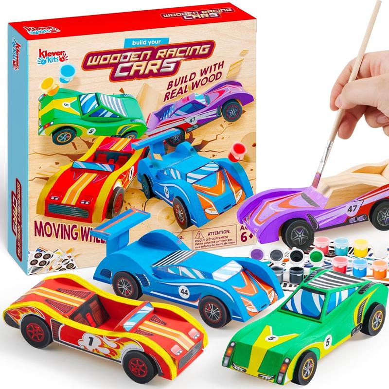 4 DIY Wooden Race Cars-Build & Paint Your Own Wood Craft Kit, 4 Race Cars Toy, Easy to Assemble Arts Crafts Kit, Birthday Party Presents for Kids Boys Ages 6 and Up