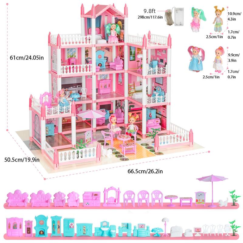 Play House Set with Light & Furniture, 1 Set  4-floor Self Assemble Princess Role Play Pretend Play Toy, DIY Mini Playhouse Builds Toy Set for Gift