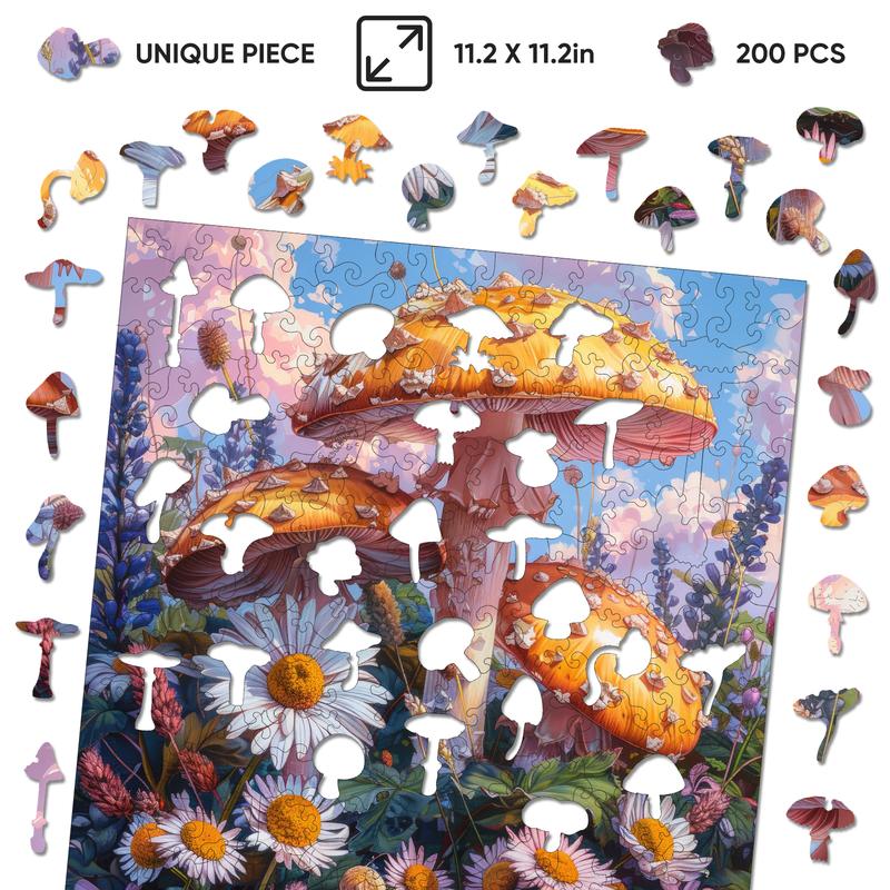 Mys Aurora Mushroom Flowers Wooden Puzzle 200 Pieces - Unique Shape, Hand-Painted Art, Ideal Family Game for Kids and Adults - 7.8 x 12.6 Inch