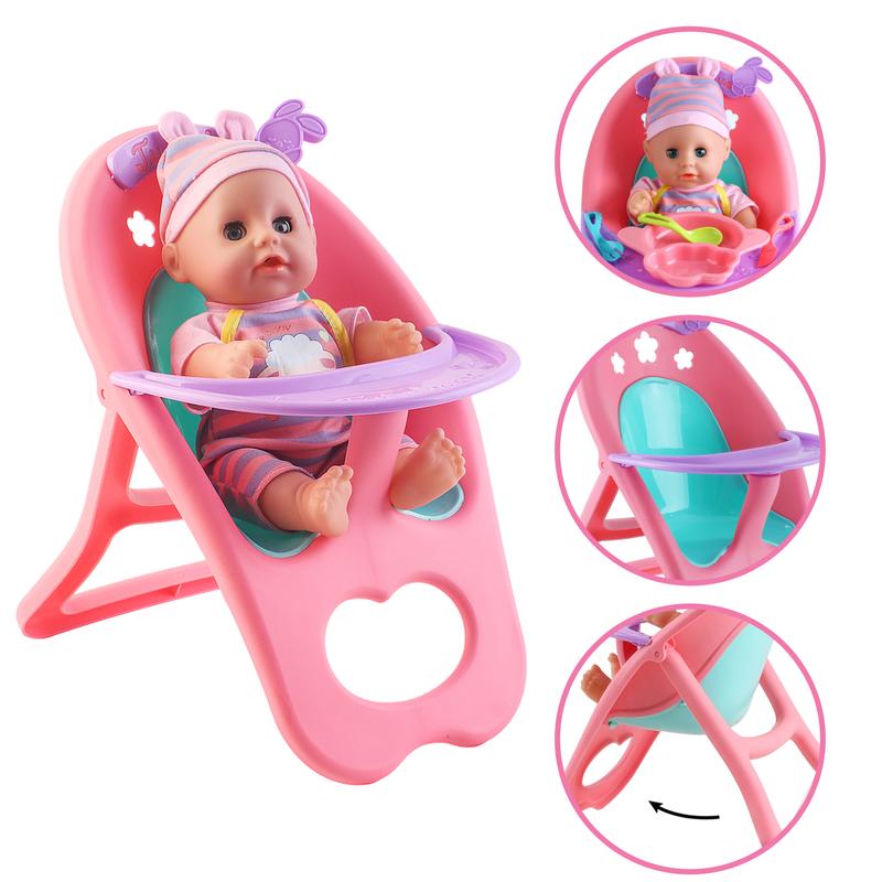 deAO Black Doll Set with Crib American Doll Set Mobile High Chair Stroller Feeding Accessories 21 Pieces Play Set (Doll Included)