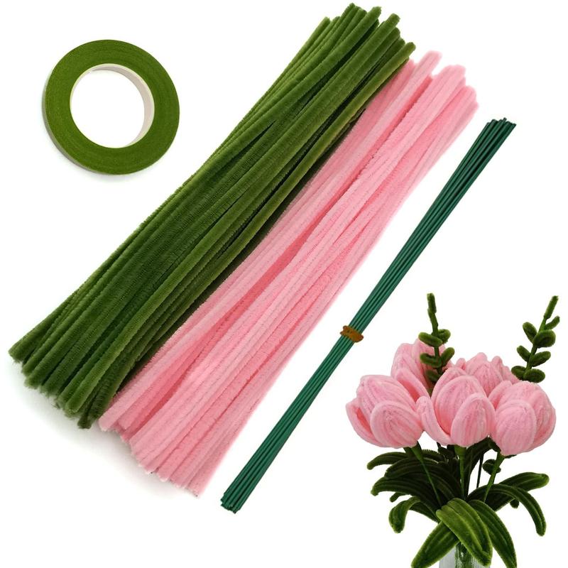 DIY Crafts Pipe Cleaner Chenille Stems Kits for Flower Making, 221pcs set Pipe Cleaner Accessories, DIY Artificial Rose Tulip Bouquets Making Kit