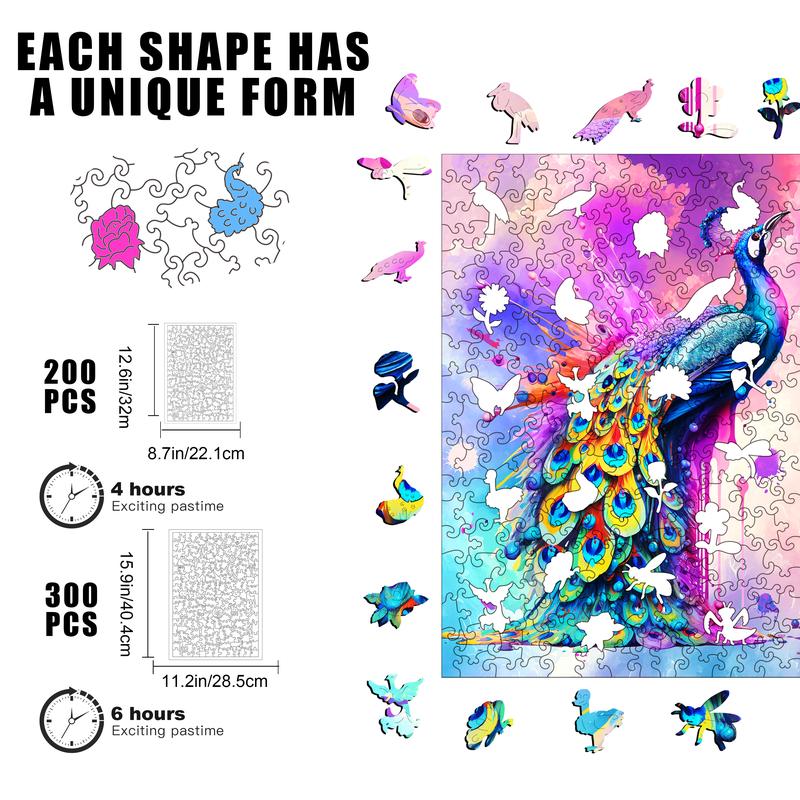 Wooden Puzzles,  Standing Peacock Unique Shape Jigsaw Puzzles 80 200 300 500 Pieces, Unique Shaped Wooden Puzzle for Adults and Kids,Christmas Gift Family Game 9.2 x 11.2 Inch