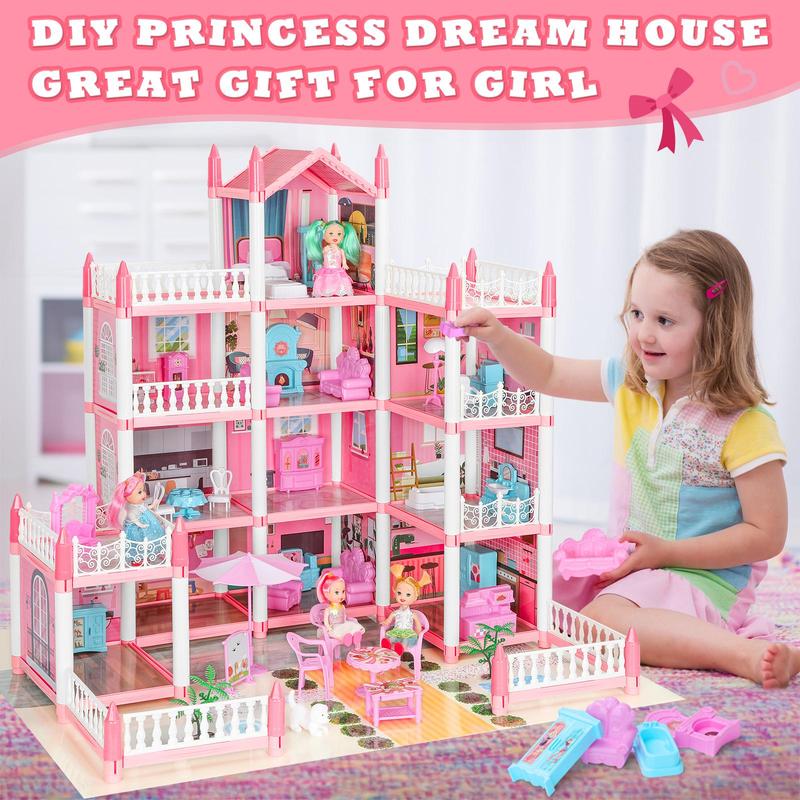 Play House Set with Light & Furniture, 1 Set  4-floor Self Assemble Princess Role Play Pretend Play Toy, DIY Mini Playhouse Builds Toy Set for Gift