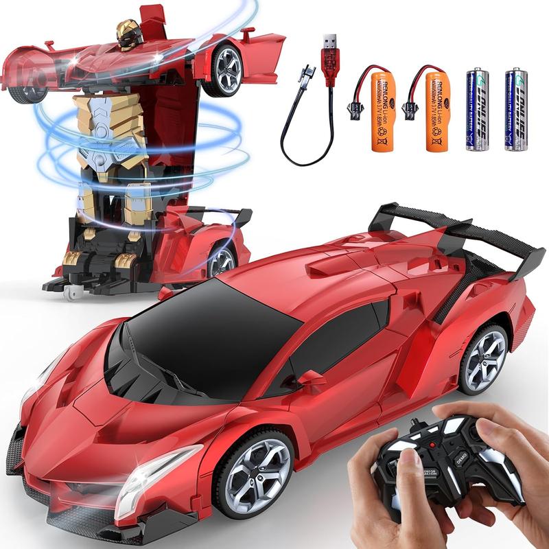 Remote Control Car Toy, 2.4Ghz Transform Robot RC Cars with Flashing Light, 1:18 Scale One Button Deformation Toy Gift Car & 360 Rotating Drifting RC Toy Car for Age 6-12 Years Boy Kids-Red