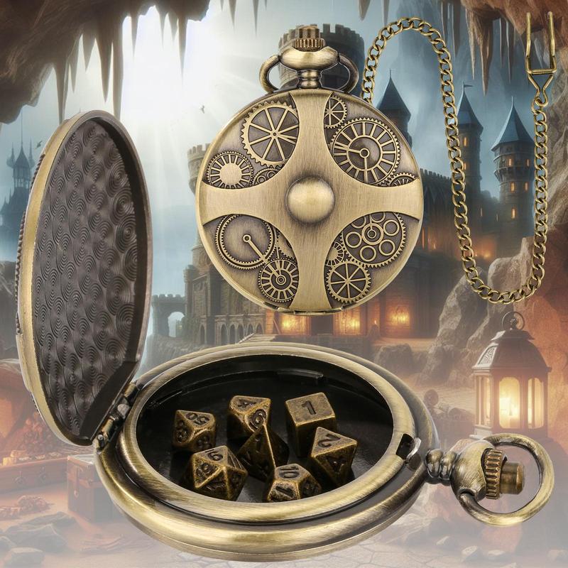 Steampunk DND Dice Set with Bronze Pocket Watch Shell Case, 1 Set Retro DND Dice Set, Dungeons and Dragons Gifts for Role Playing Board Games