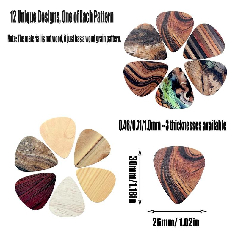 12 Unique Pattern Guitar Pick Set, 12pcs set Different Wood Pattern Guitar Pick, Double Sided Printed Guitar Pick, Music Accessories For Guitar Ukulele