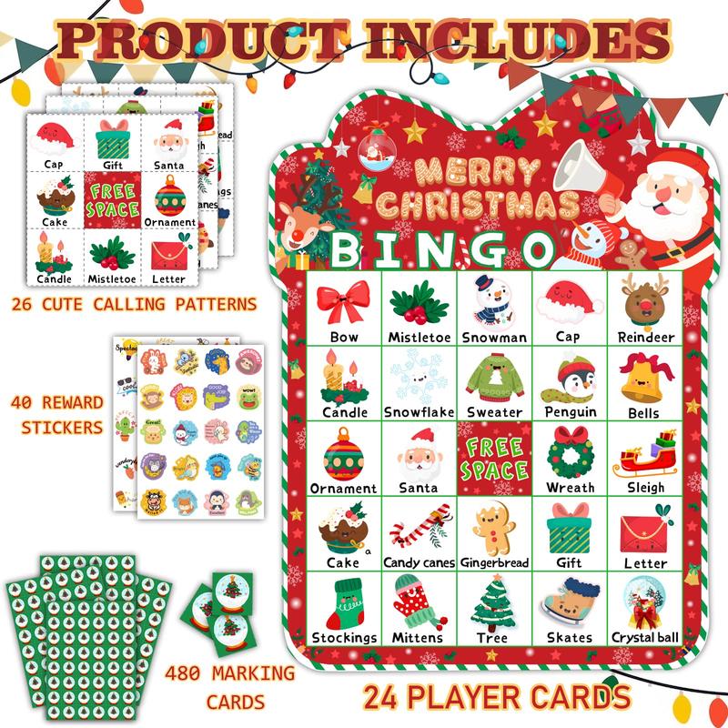 39Pcs Christmas Bingo Game for Kids Adults 24 Players Bingo Cards Christmas Games with Reward Stickers Xmas Activities Family Party Game