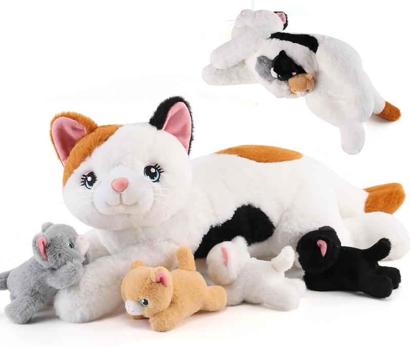 5 Pieces Cat Stuffed Animals with Babies Inside Belly - 1 Mommy Stuffed Cat with 4 Kittens - Stuffed Kitty Cat Plush Toys for Kids Age 3-8, Gifts Ideal for Christmas, Valentine's, Birthday stuffed animals kid baby