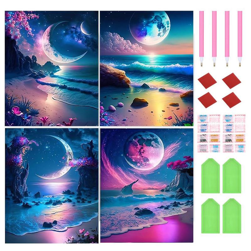 Beach Pattern DIY Diamond Arts Colorful Painting Kit without Frame, 4 Counts set DIY 5D Diamond Arts Colorful Painting Kit, Wall Art Decor for Home