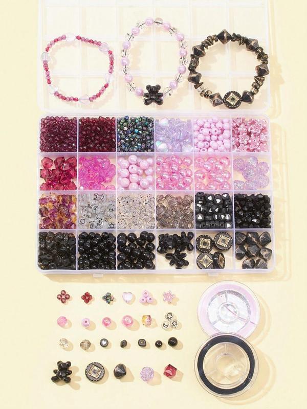 24 Style DIY Bracelet Making Kit, Including Acrylic & Plastic Beads, Elastic Thread, Rondelle & Bicone & Heart & Imitation Pearl & Flower & Bear