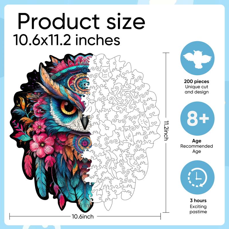 Feather Owl Mys Aurora Wooden Jigsaw Puzzle for Kids and Adults 300 Pcs Unique Shape Nice Box Packing Fun Challenging Brain Exercise Family Game Creative Gift for Friends Parents Grandparents Multicoloured