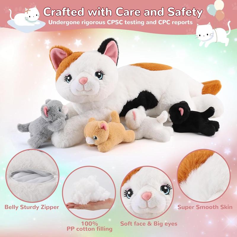 5 Pieces Cat Stuffed Animals with Babies Inside Belly - 1 Mommy Stuffed Cat with 4 Kittens - Stuffed Kitty Cat Plush Toys for Kids Age 3-8, Gifts Ideal for Christmas, Valentine's, Birthday stuffed animals kid baby