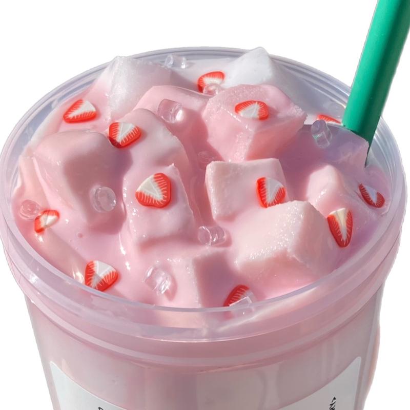 Pink drink slime, thick ans glossy with jelly cubes