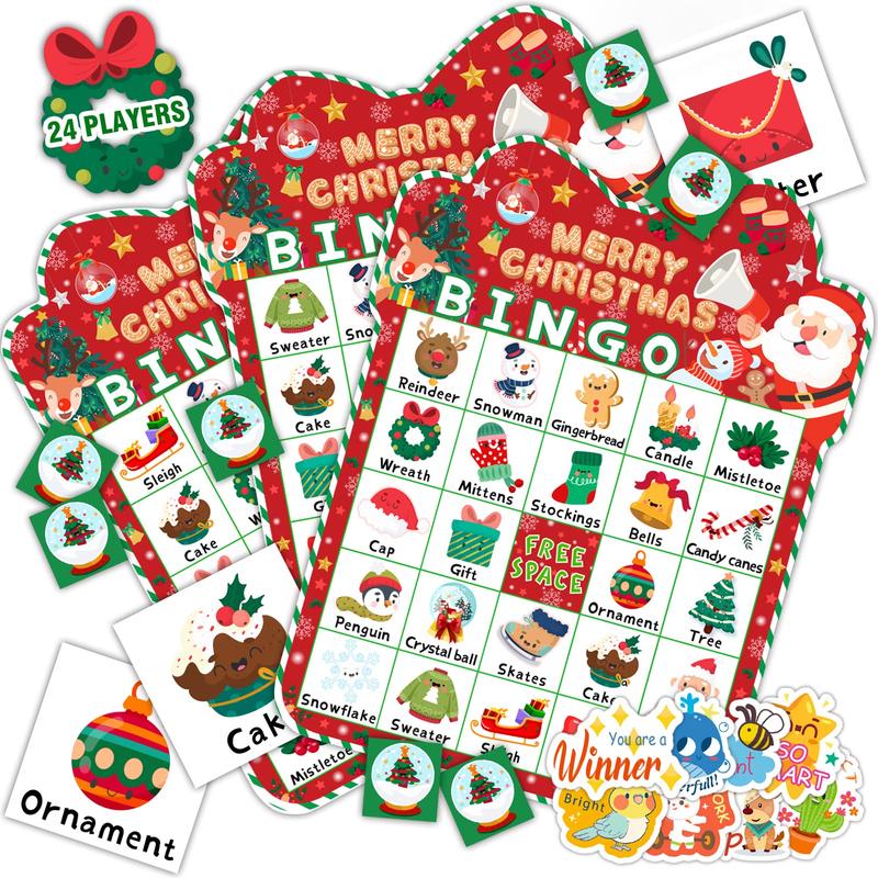 39Pcs Christmas Bingo Game for Kids Adults 24 Players Bingo Cards Christmas Games with Reward Stickers Xmas Activities Family Party Game