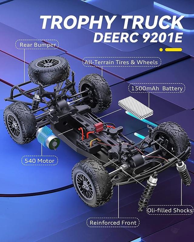 DEERC 9201E 1:10 Large Remote Control Truck with Lights, Fast Short Course RC Car, 48 km h 4x4 Off-Road Hobby Grade Toy Monster Crawler Electric Vehicle with 2 Rechargeable Batteries rc vehicle rc model