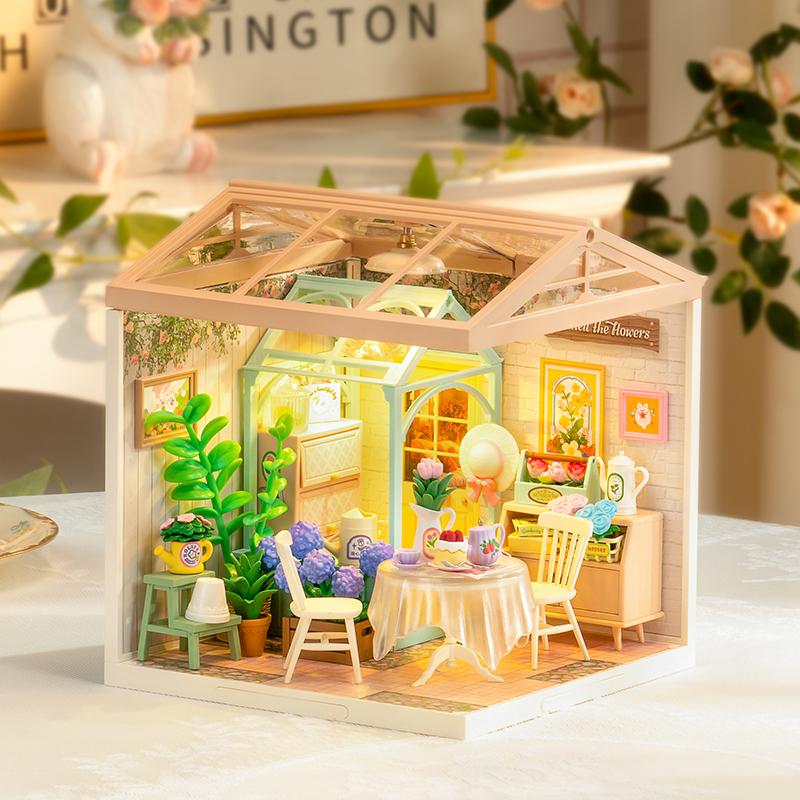 Rolife Blooming Tea Garden DIY Miniature House Kit DW013B with LED Lights Plastic Craft Kit & Decorative Ornament  Creative Gift Craft Home Decor