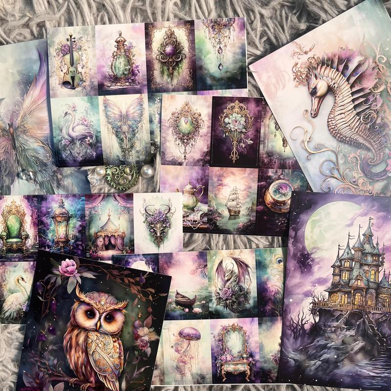 Fantasy Theme Journal Set, 32pcs Vintage Fairy & Castle Pattern Sticker & 12pcs Cards, Scrapbooking & Journal Making Supplies