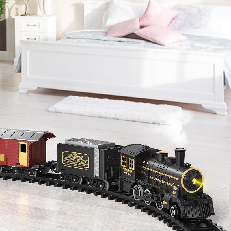 Train Set , Electric Classical Steam Engine Locomotive with Steam, Light and Sounds, Rechargeable Model Trains Kit Toys w Passenger Carriage