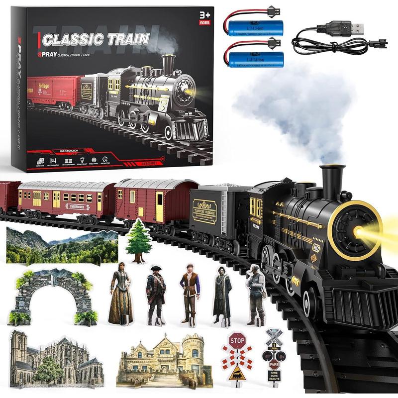 Train Set , Electric Classical Steam Engine Locomotive with Steam, Light and Sounds, Rechargeable Model Trains Kit Toys w Passenger Carriage