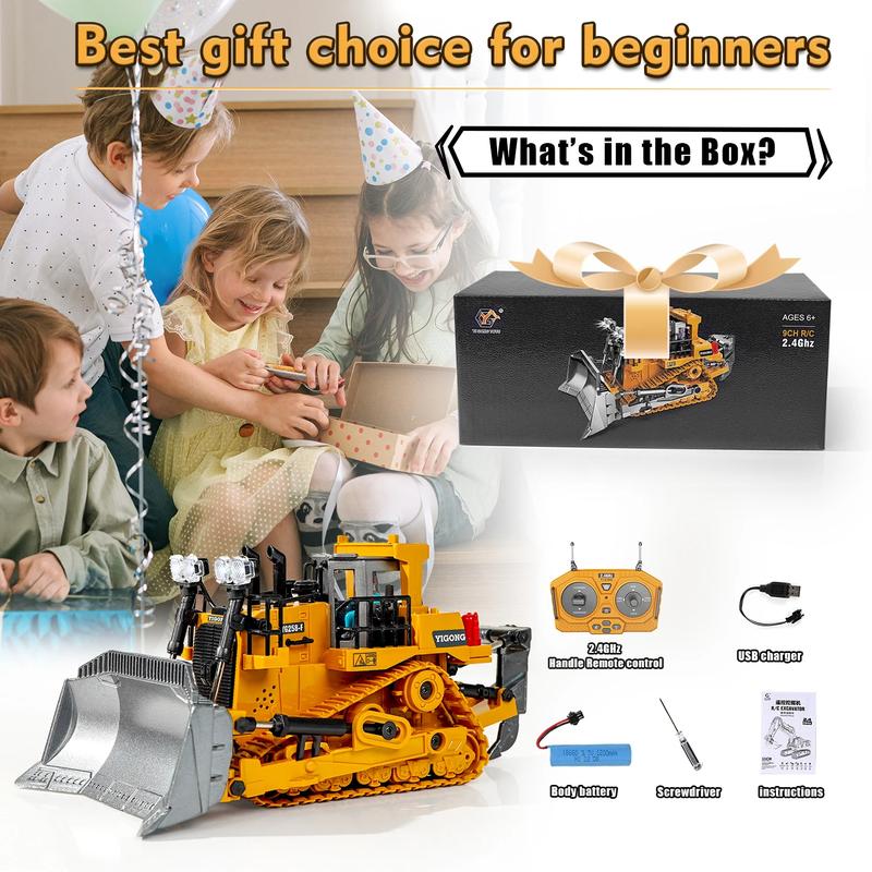 2.4G 9 Channel Remote Control Bulldozer RC Excavator Dumper Car Remote Control Engineering Vehicle Crawler Truck Bulldozer Toys for Boys Kids Christmas Gifts