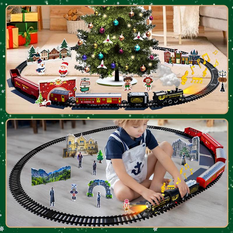 Train electric train set with retro classic steam locomotive and long track, battery powered train toy set with smoke lights and sound, holiday Christmas gift box