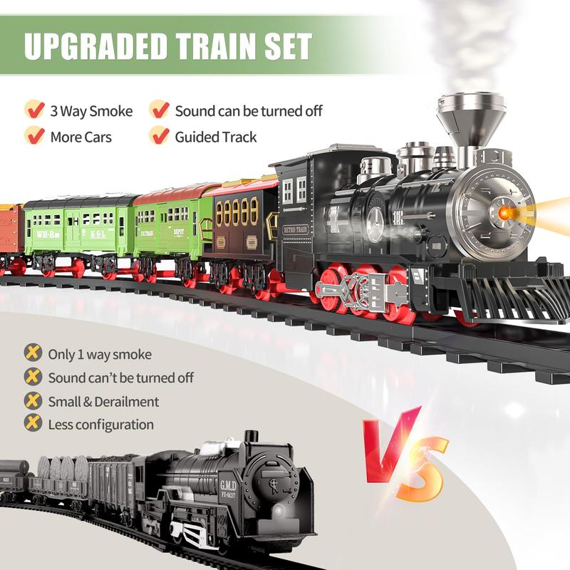 Train Sets With Steam Locomotive Engine, Cargo Car And Tracks, Battery Powered Play Set Toy W Smoke, Light & Sounds, ,