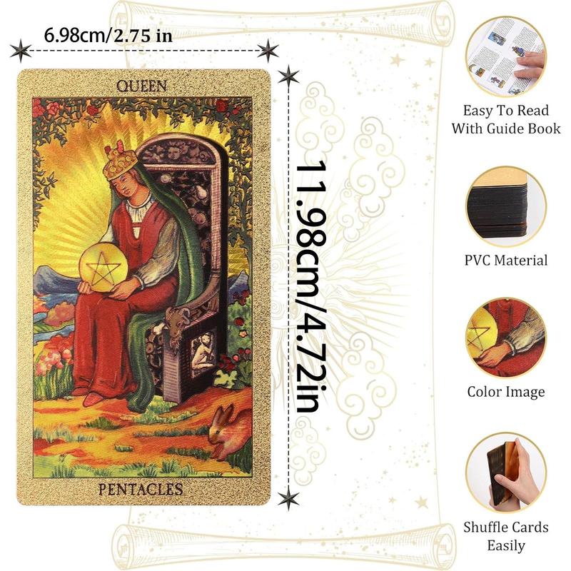 Tarot Card with Guide Book, 1 Box Gold Foil Tarot Card Deck, Waterproof & Durable Tarot Deck, Party Game Cards for Beginners