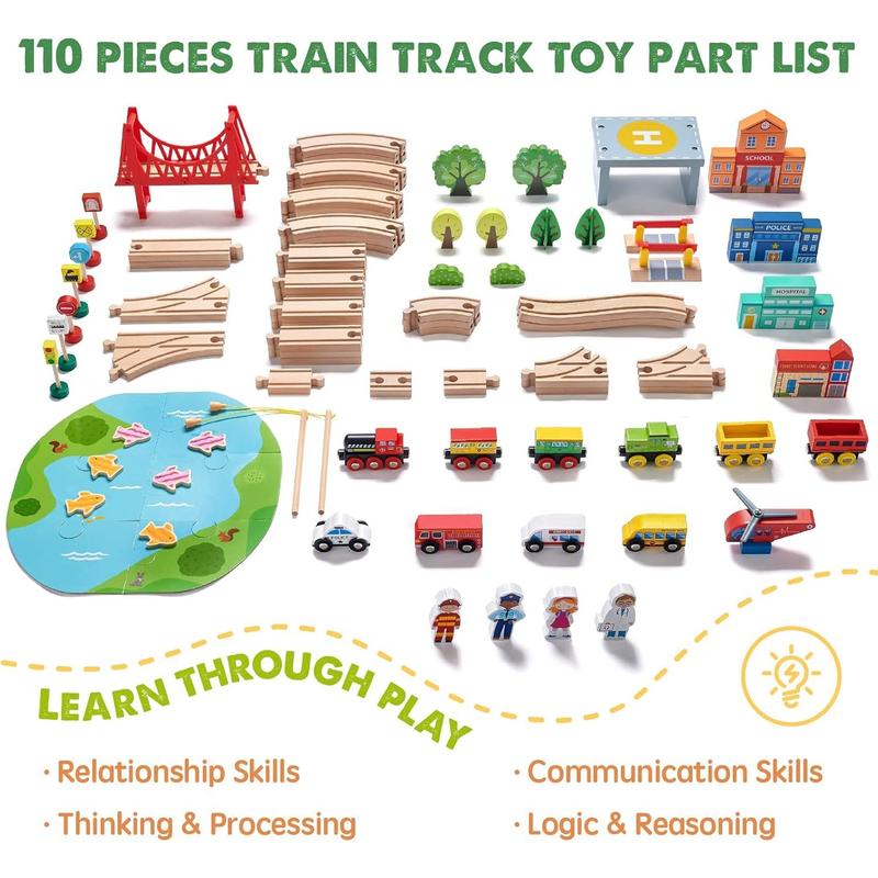 Tiny Land Train Set 110pcs Wooden Train Set, Toy Train for Boys & Girls with Wooden Train Track, Wooden Toys for 3-7 Years Old Toddlers & Kids, Railway Set Christmas Toys for Kids