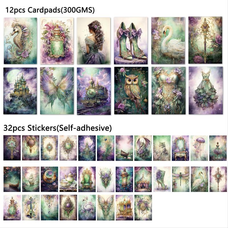 Fantasy Theme Journal Set, 32pcs Vintage Fairy & Castle Pattern Sticker & 12pcs Cards, Scrapbooking & Journal Making Supplies